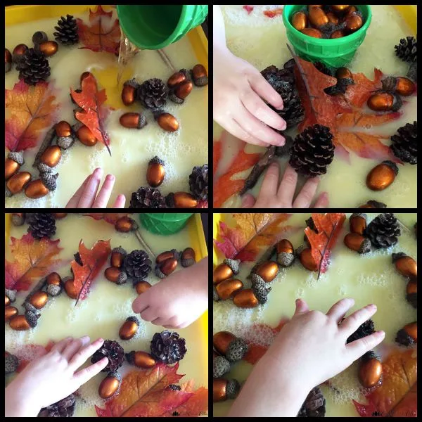 Fall Sensory Play Bin with Leaves and Acorns | The Jenny Evolution