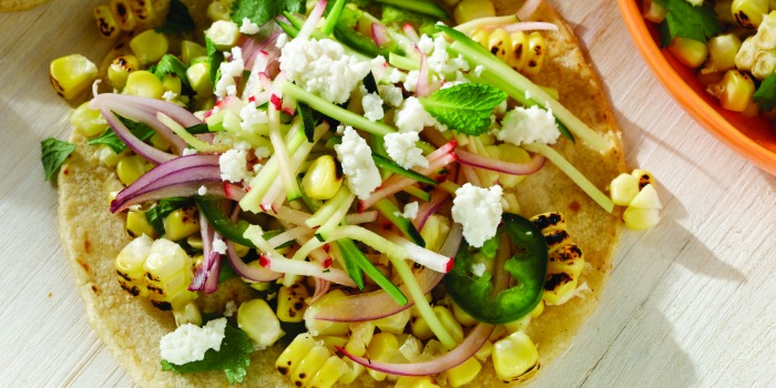 Charred Corn Veggie Tacos Recipe with Radish Zucchini Slaw