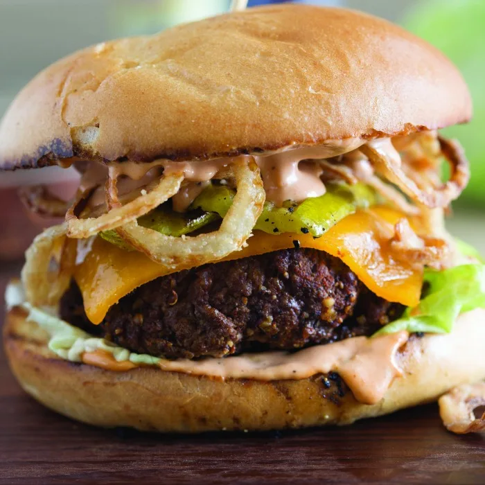 Image for Cowboy Burger Recipe with Grilled Pickles and Crispy Onion Straws