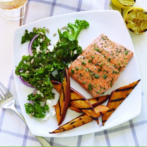 Grilled Cedar Plank Salmon with Sweet Potatoes