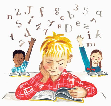 illustration of boy reading book with letters floating around