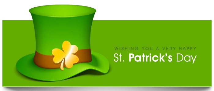 wish you a very happy st patrick's day with gold clover on green top hat
