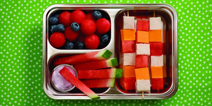 watermelon turkey cheese bento box with yogurt and berries