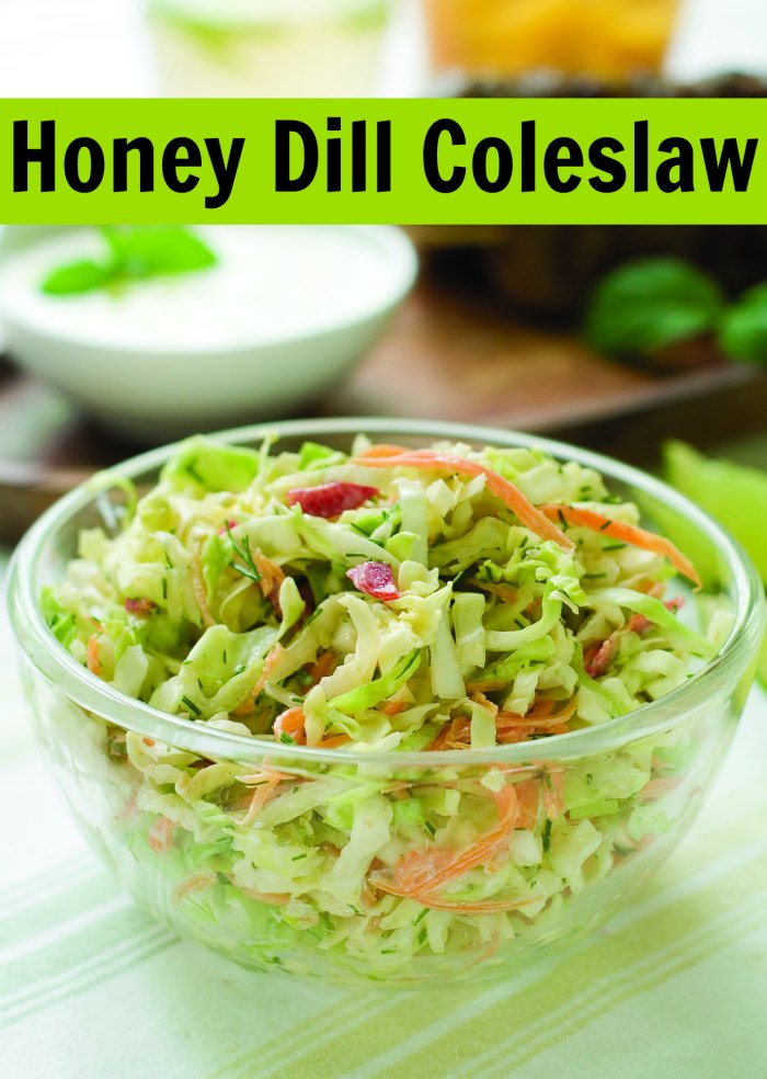 honey dill coleslaw in glass bowl