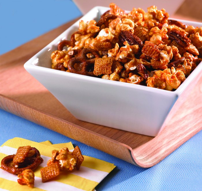 perfect popcorn snack mix in bowl on wood serving tray