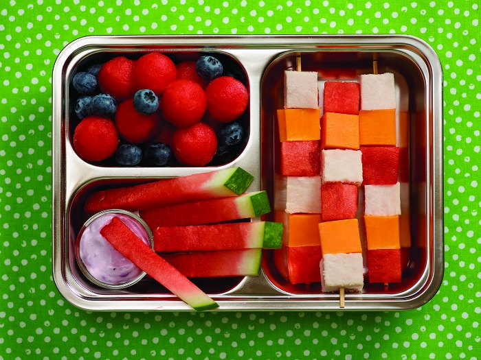 Easy Kids Lunch: Protein Packed Watermelon Kabobs - watermelon turkey cheese bento box with yogurt and berries
