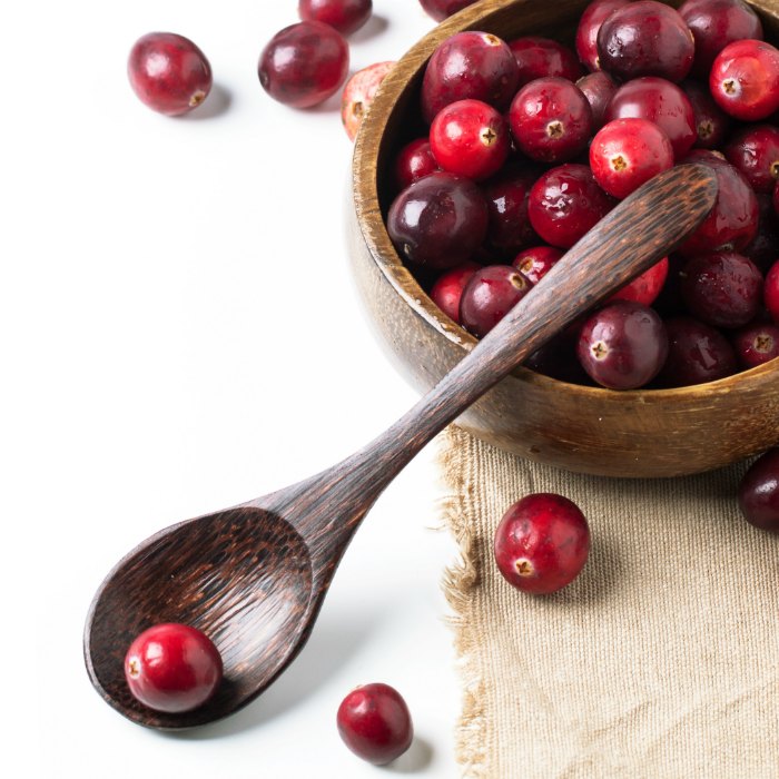 cranberries in a wooden bowl with wooden spoon