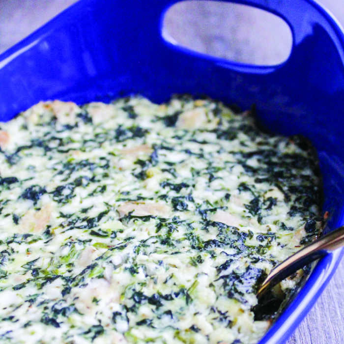 Chicken Spinach Casserole with Feta in blue bowl