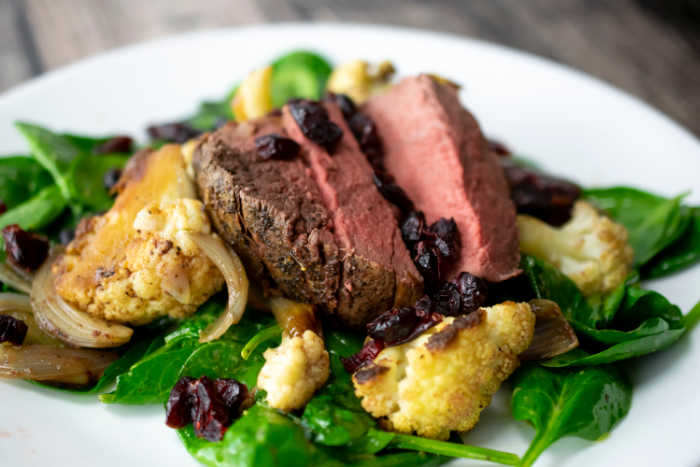 Salad with Beef Tenderloin,  Roasted Cauliflower and Spinach [with Video]
