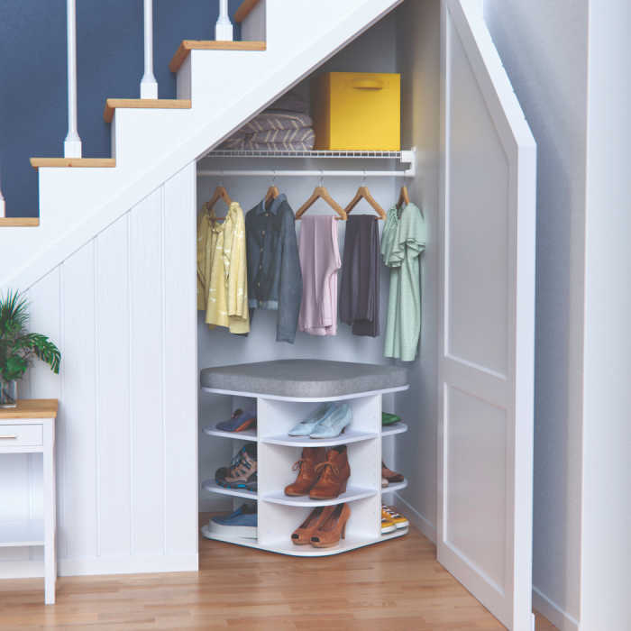 an organized closet under the staircase is the perfect mothers day gift