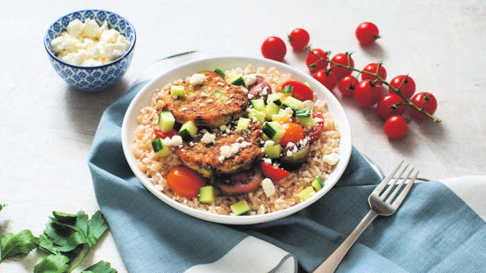 Mediterranean Rice Bowls with Zucchini Fritters