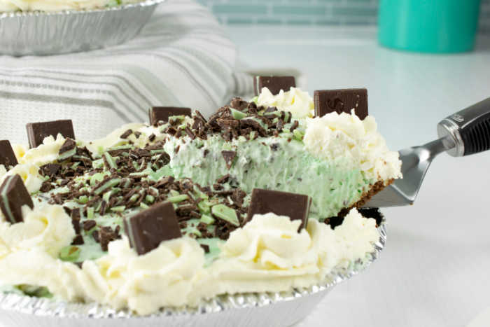 serving up a piece of mint pie with chocolate shavings