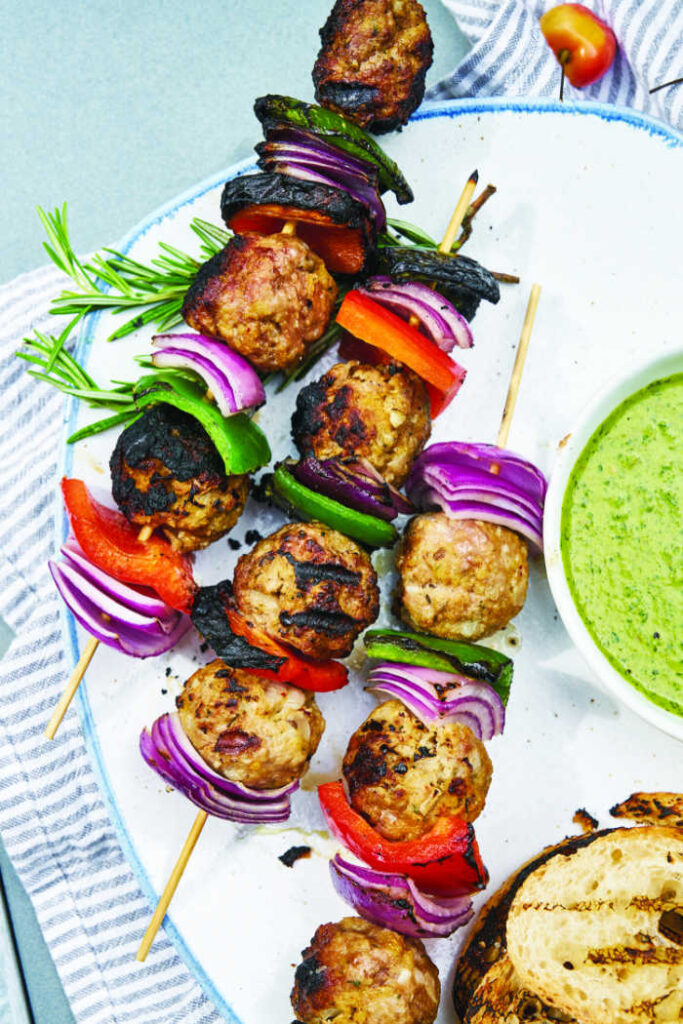 Lamb Meatball and Veggie Kabobs with Herb Sauce
