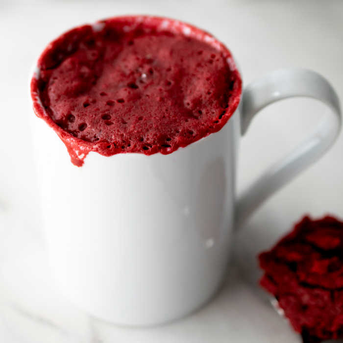 red velvet cake recipe made in a mug in the microwave