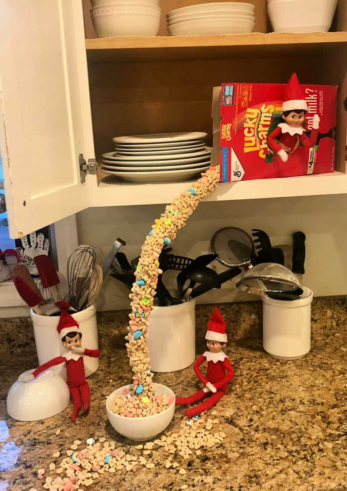 Making breakfast and a mess! Treasure at the end of the rainbow with Lucky Charm - Elf on the Shelf
