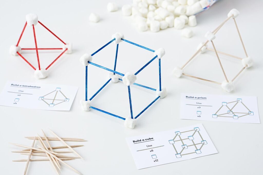 Geometric shape building activity made from marshmallows and toothpicks