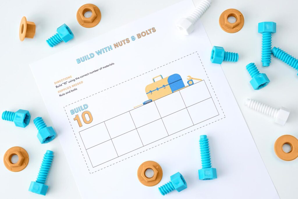 Counting activity using plastic nuts and bolts - construction activities for kids