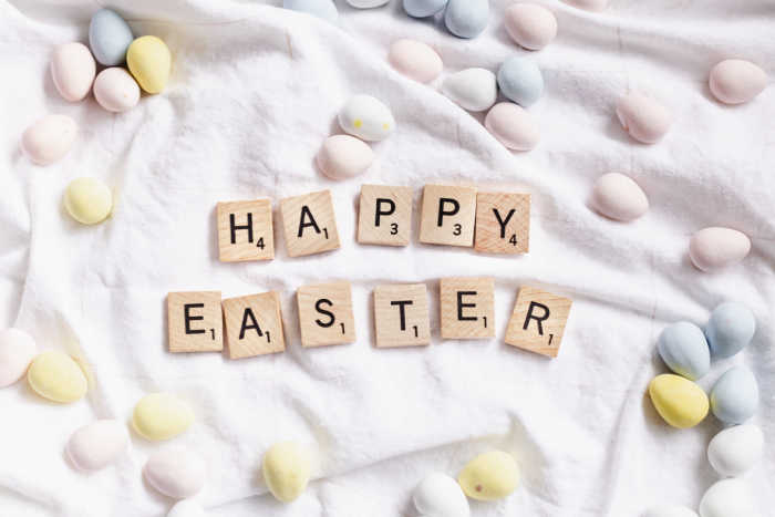 happy easter spelled out in scrabble letters