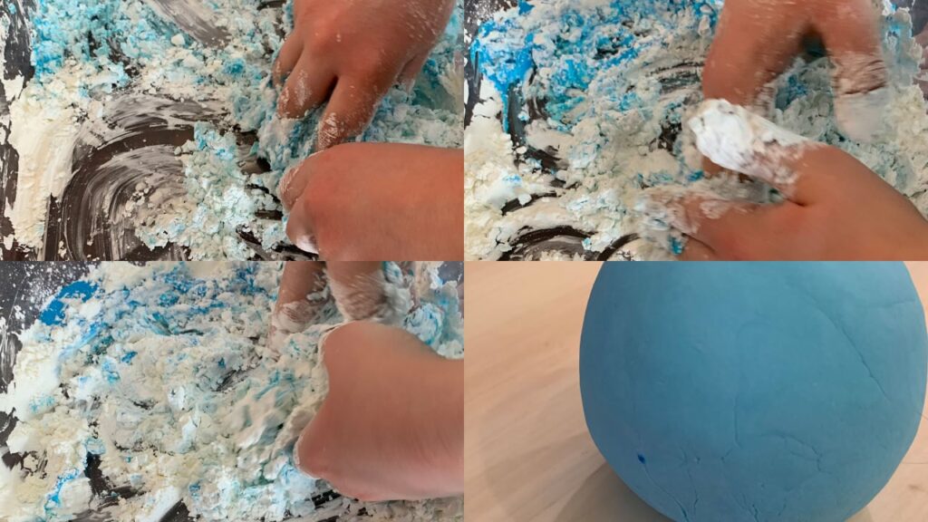 collage of close up of child's hands playing in cloud dough