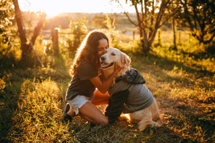 girl hugging golden retriever dog wearing a hoodie sweatshirt