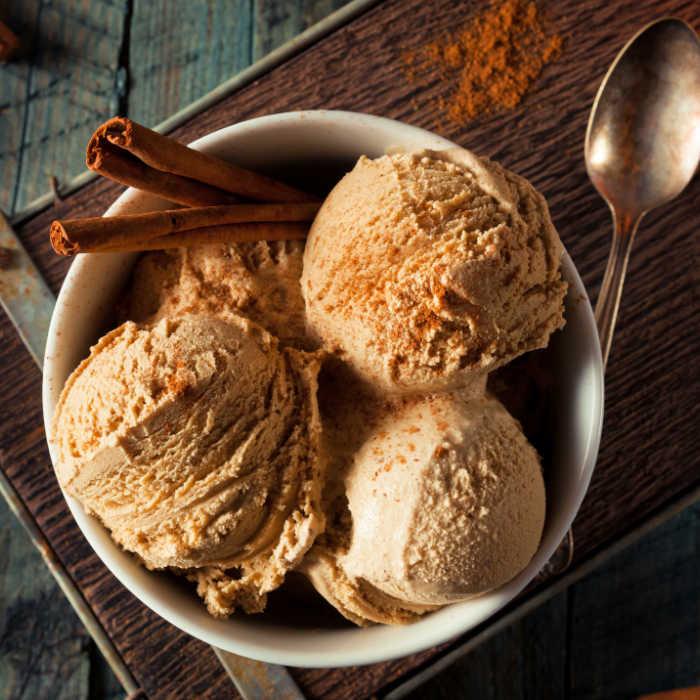 pumpkin ice cream with cinnamon stick in bowl  