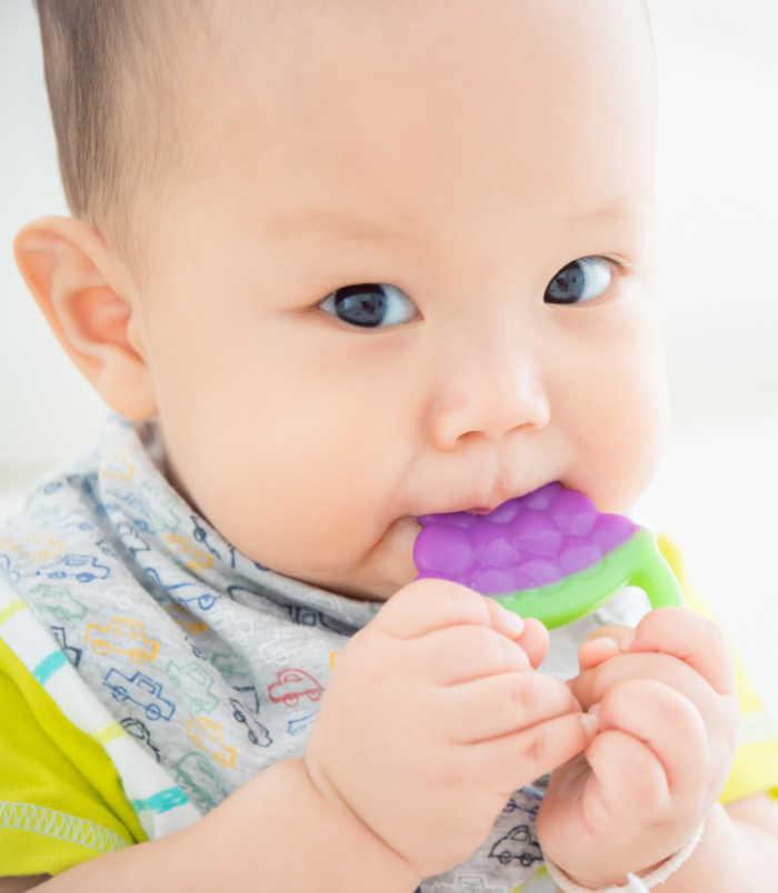 Little asian infant biting plastic teether and looking at camera