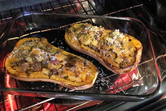 Stuffed Butternut Squash with Apple and Sausage