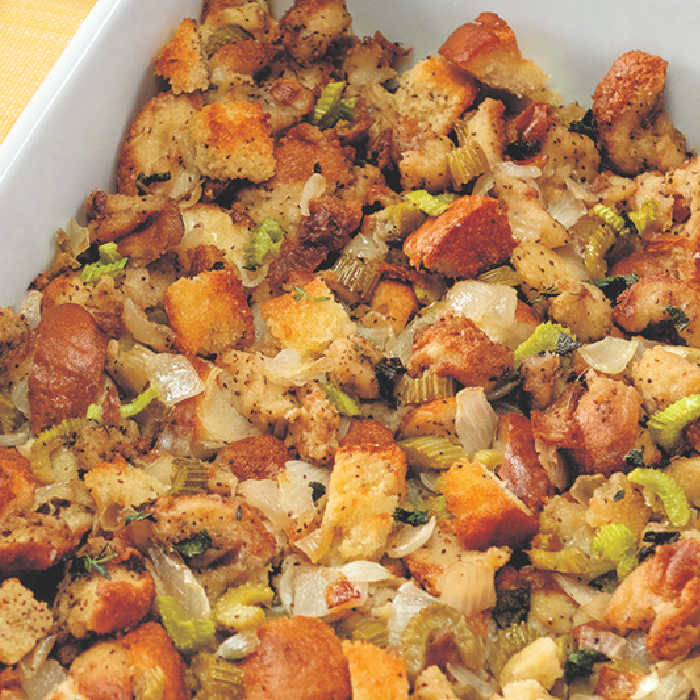 close up of baked christmas stuffing