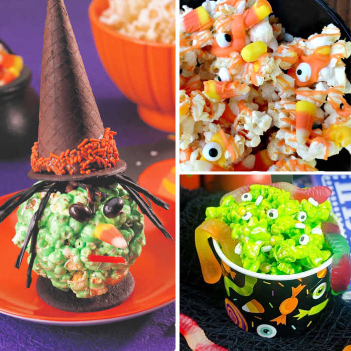 collage of halloween popcorn treats