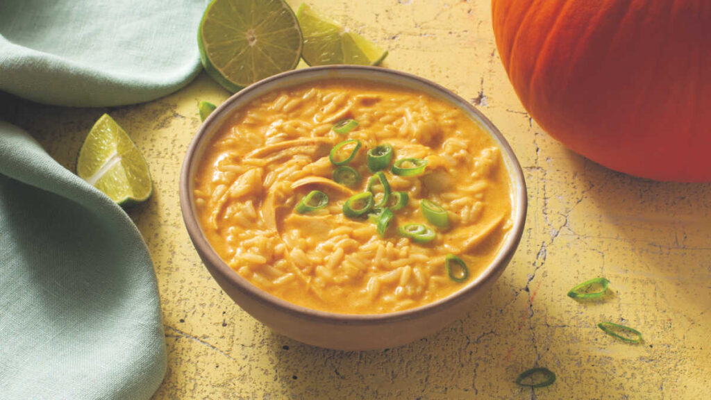 Turkey Pumpkin Curry Soup with Rice in a bowl