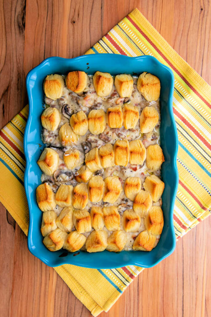 With the savory aromas of sausage and bacon, Biscuit Sausage Mushroom Casserole is a yummy option when you need a breakfast to feed a large group.