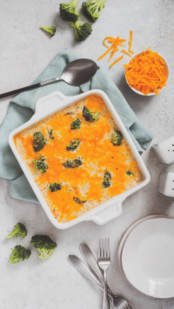 Made with a delicious combination of rice, cheddar cheese, cream of mushroom soup and broccoli florets, this is a super Easy Broccoli Rice Casserole that takes just 5 minutes of prep.