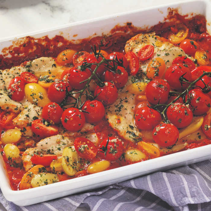 Completed fresh tomato chicken in casserole dish