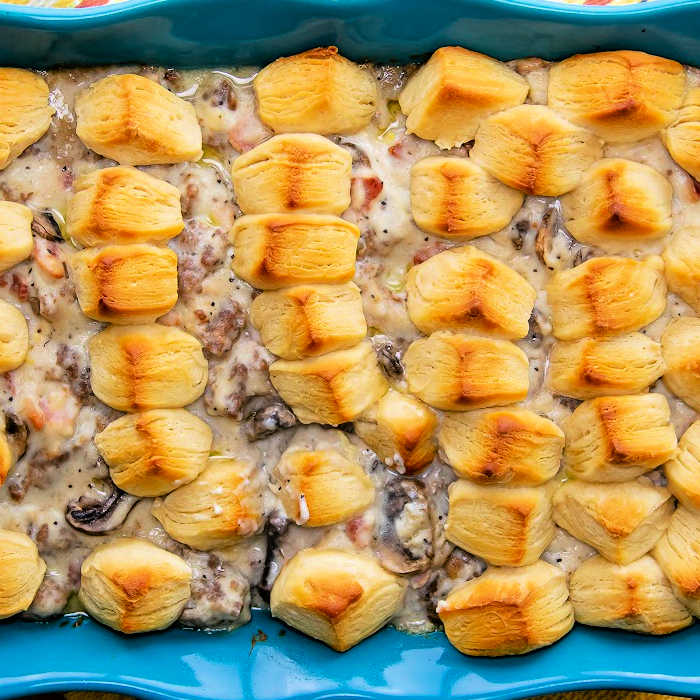 baked sausage biscuit casserole with mushrooms