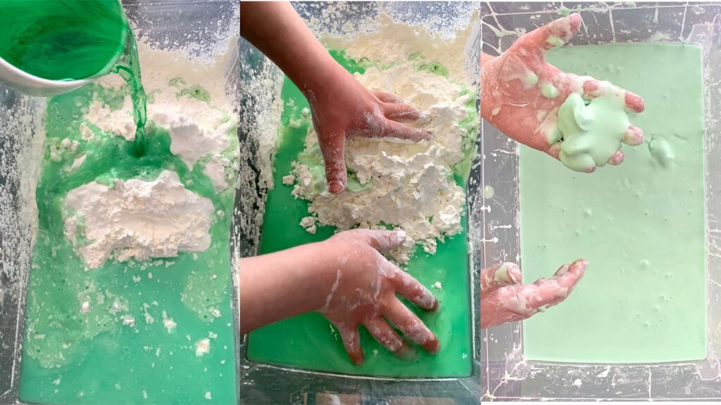 child making oobleck slime step by step