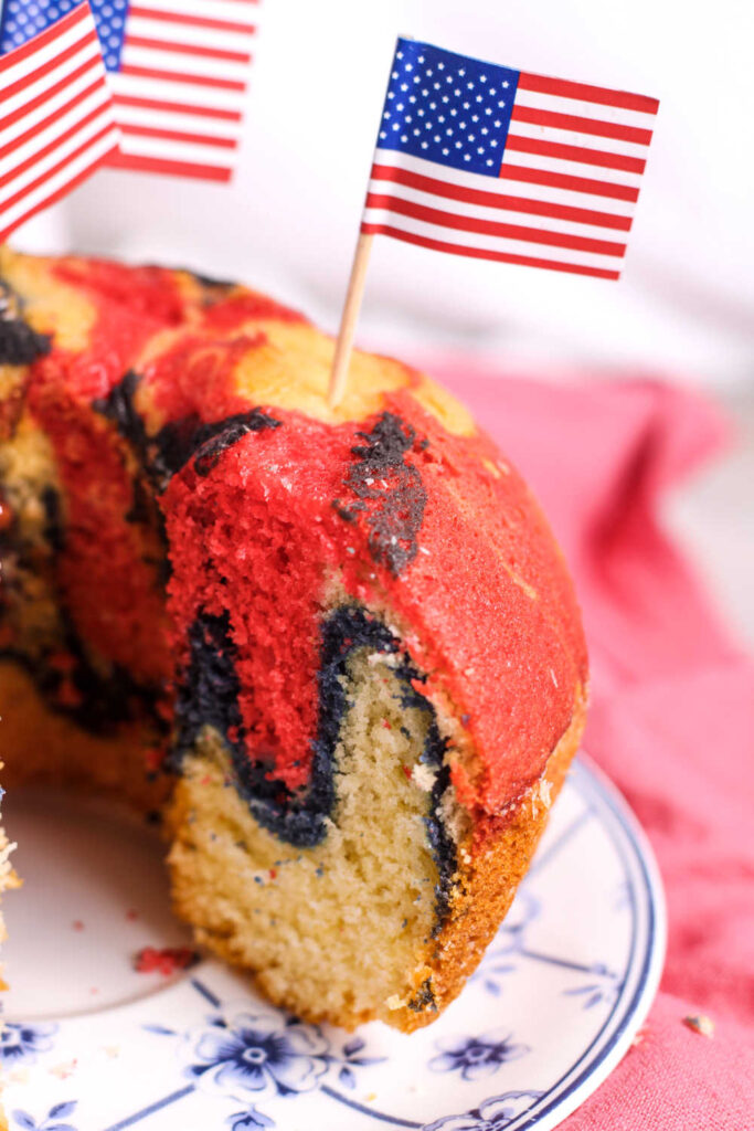 red white and blue bundt cake with american flags