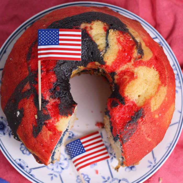 multi colored bundt cake in red white and blue