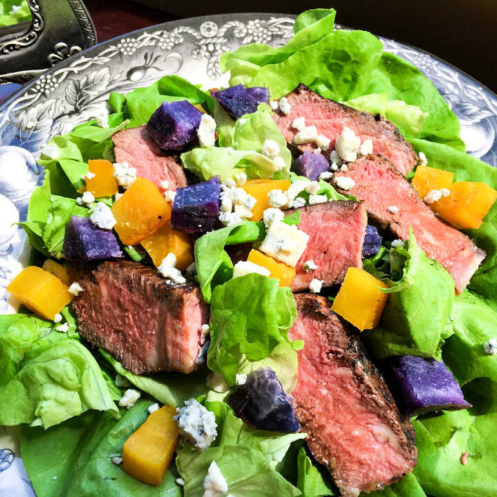 Marinated Strip Steak Salad with Creamy Blue Cheese Dressing