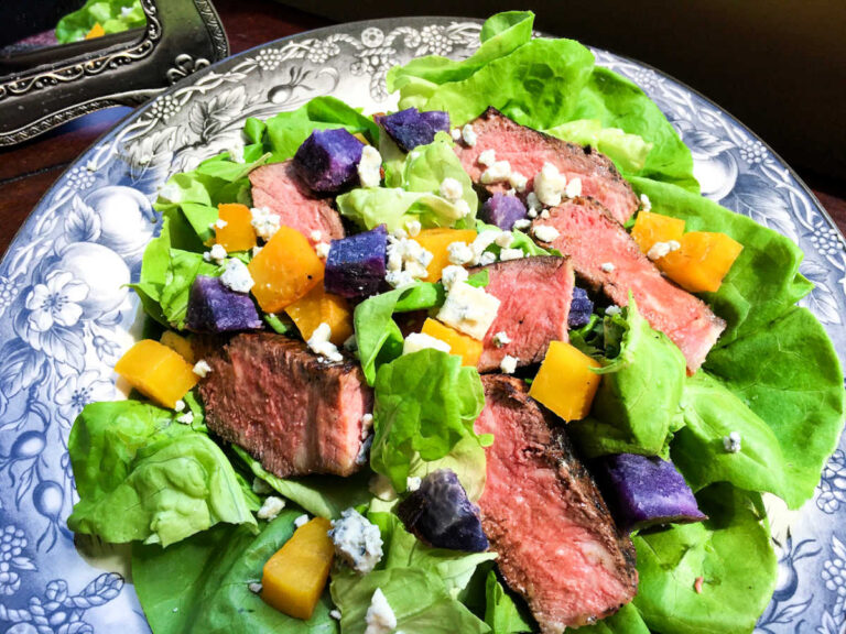 Marinated Strip Steak Salad with Creamy Blue Cheese Dressing