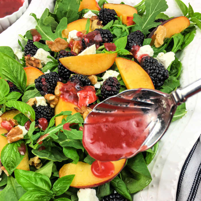 Experience the essence of summer with this exquisite Blackberry Peach Salad with a luscious Blackberry-Basil Vinaigrette.