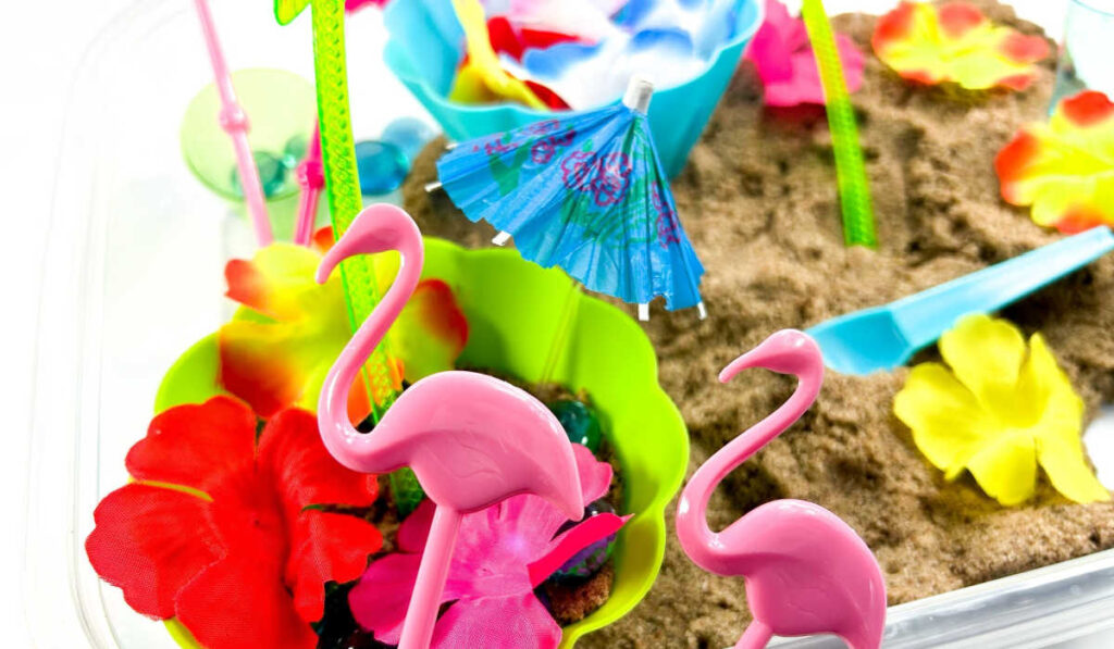 pink flamingo beach summer sensory bin