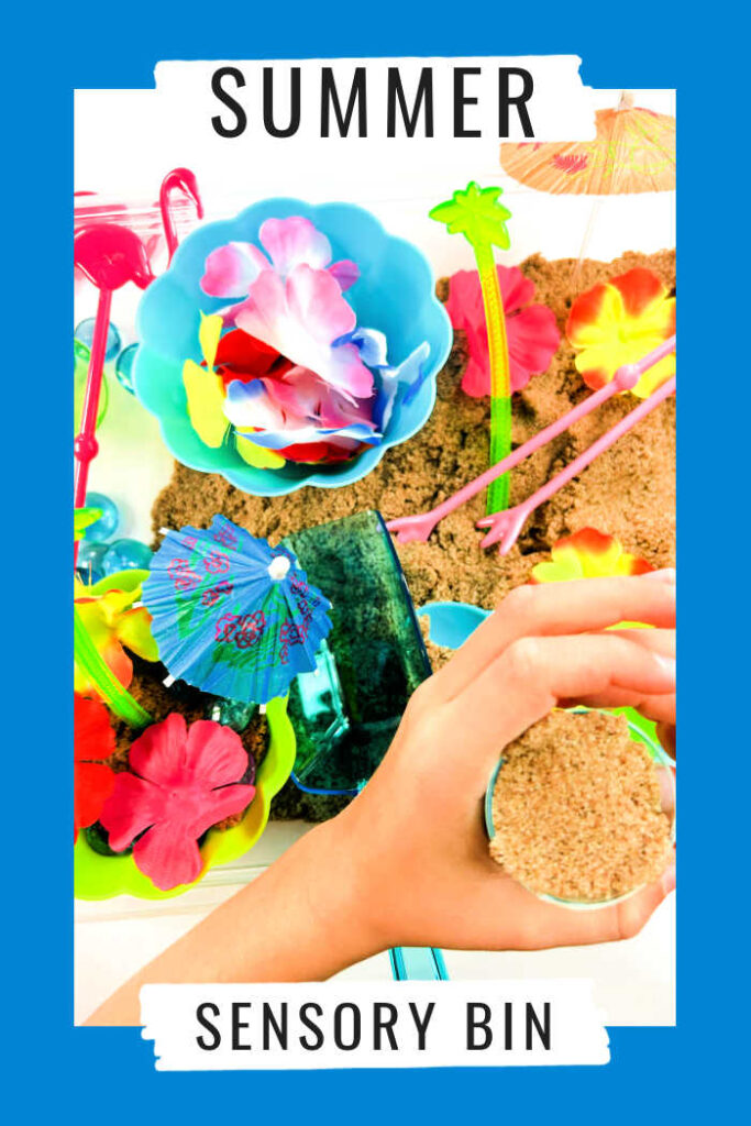 Immerse your child in the essence of sun-kissed days, tropical vibes and playful fun as we combine kinetic sand, flamingo stir sticks and lei flowers to create an enchanting Summer Sensory Bin. 