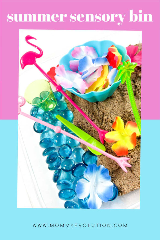 Immerse your child in the essence of sun-kissed days, tropical vibes and playful fun as we combine kinetic sand, flamingo stir sticks and lei flowers to create an enchanting Summer Sensory Bin. 