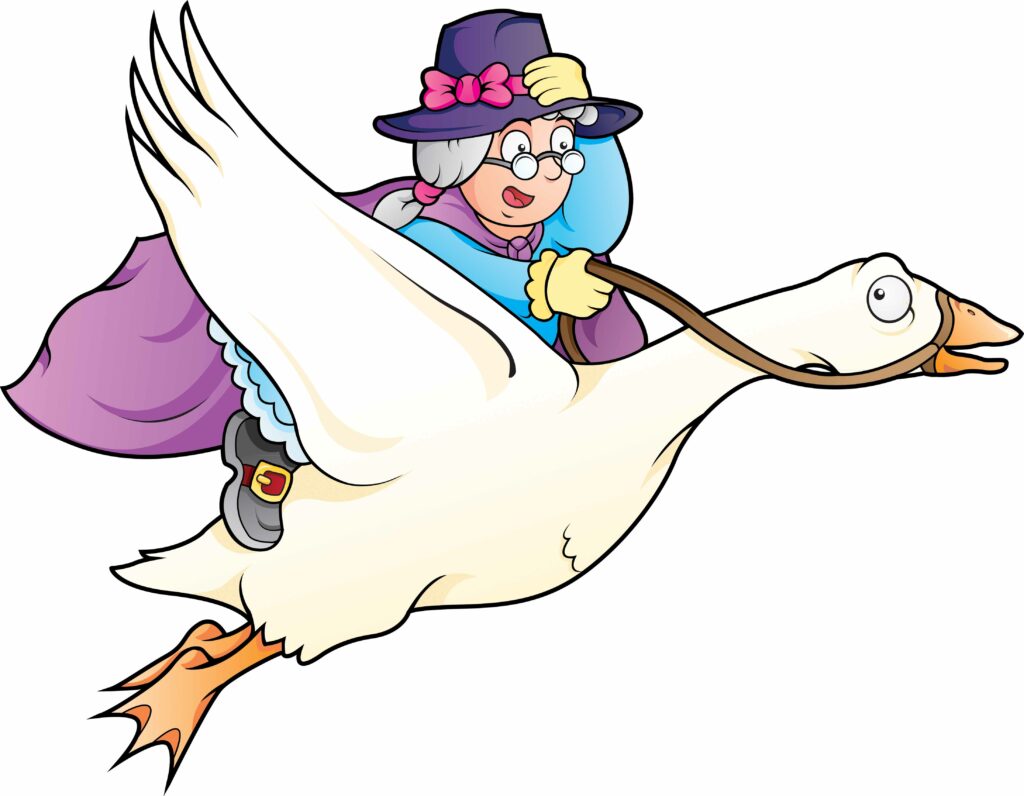 drawn image of mother goose riding a goose