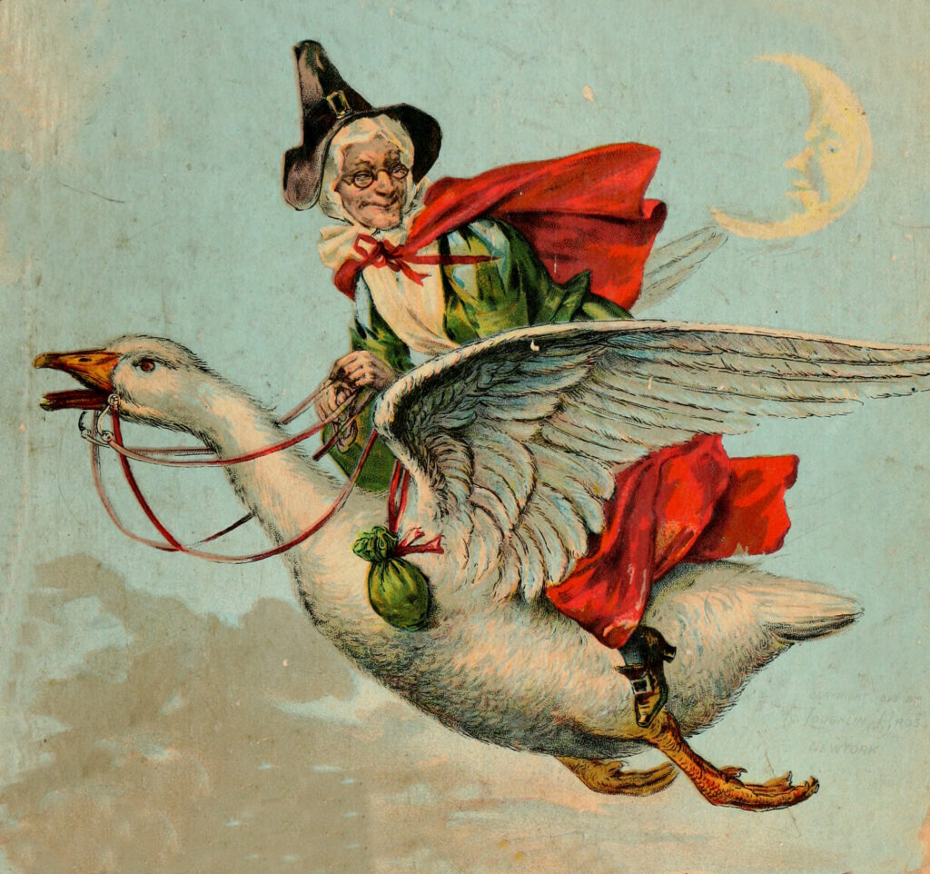 vintage image of mother goose riding a goose