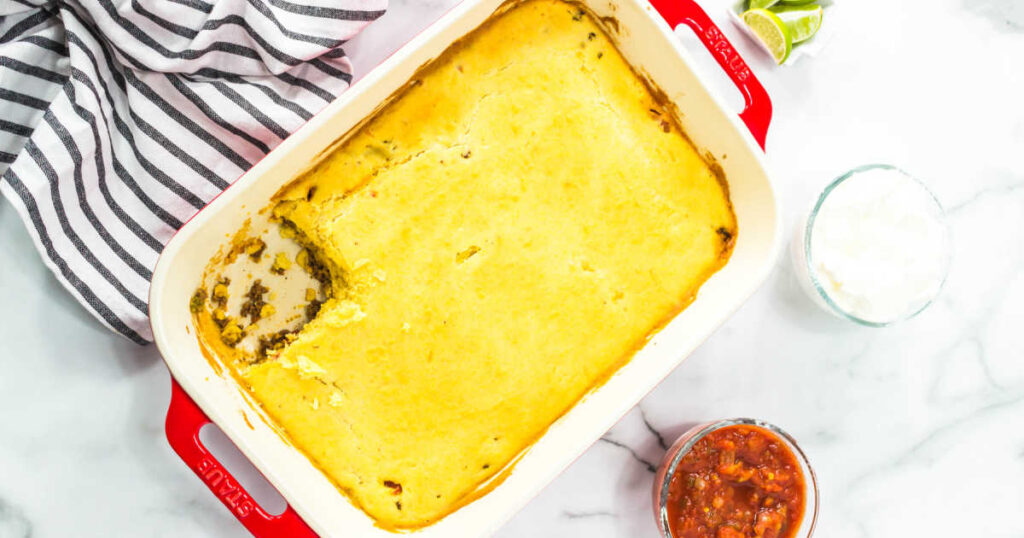 easy taco bake casserole with slice taken out