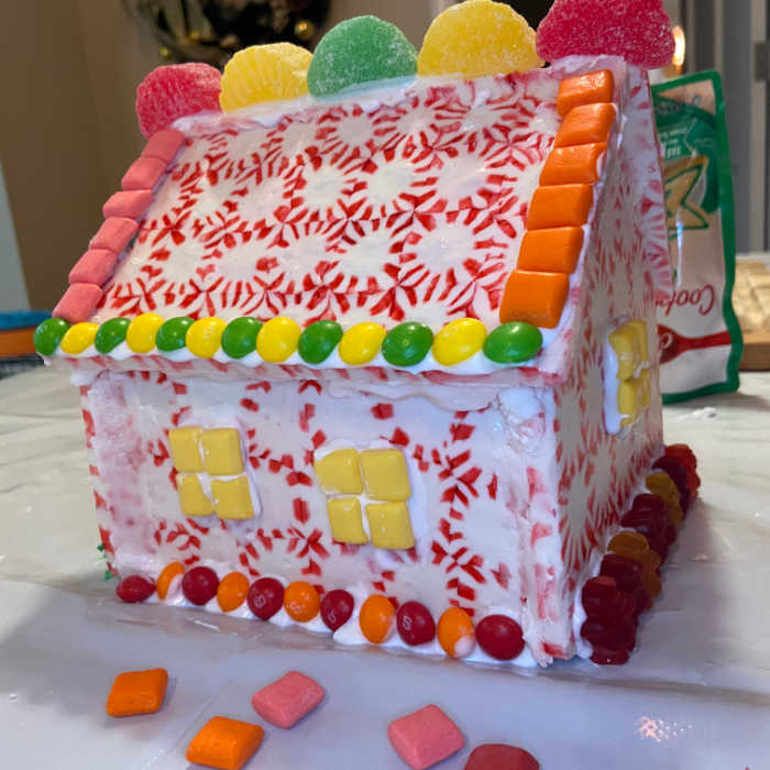 peppermint house decorated in candies