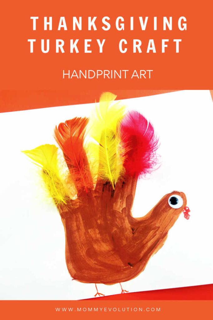 thanksgiving turkey art craft using a handprint and feathers