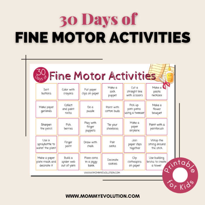 30 days of fine motor activities printable for kids
