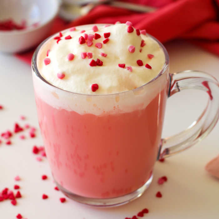 a mug of pink hot chocolate - perfect for a barbie party of valentine's day celebration